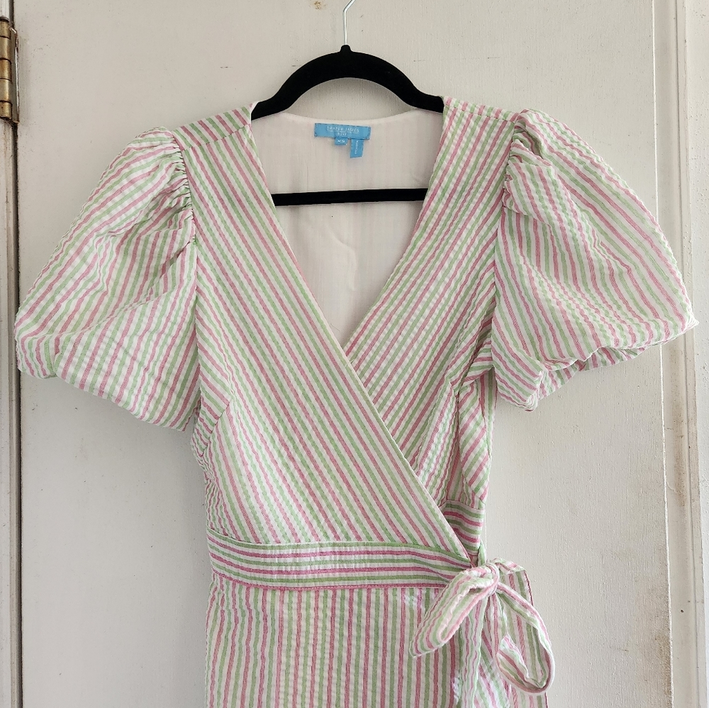 Draper James Wrap Dress (Pink and green watermelon stripe wrap dress)